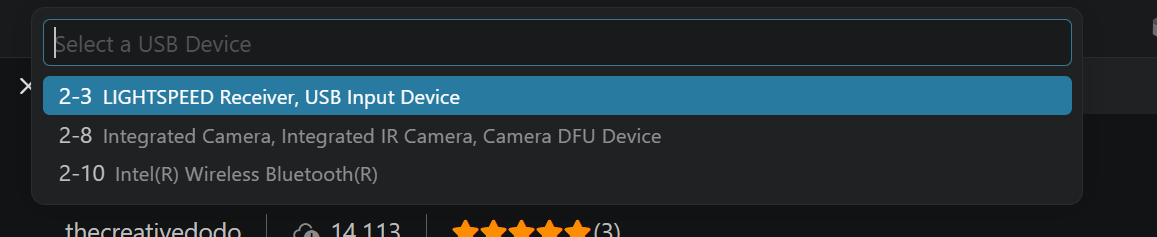 The device picker listing attachable USB devices