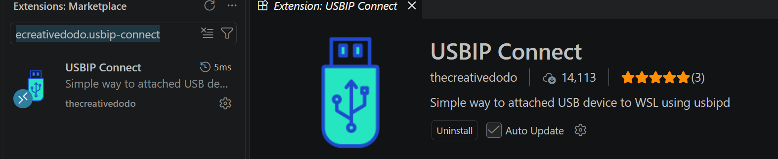 The USBIP Connect extension in the VS Code marketplace